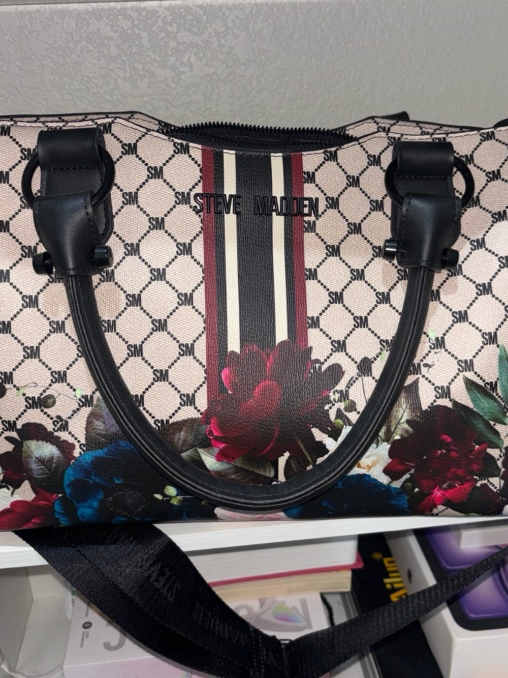 Steve Madden Floral Print Small Duffle Bag - Pink with Black Trim